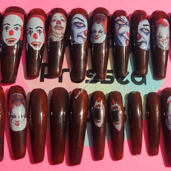 Bloody Rust Red Clown It Xl Ballerina Press on Nails Halloween - Picture 2 of 3